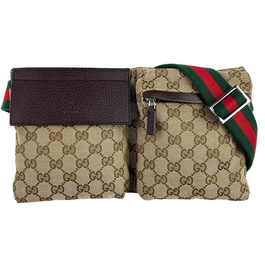 GUCCI GG Canvas Sherry Line Canvas Fabric Beige Brown Waist bag 4923
