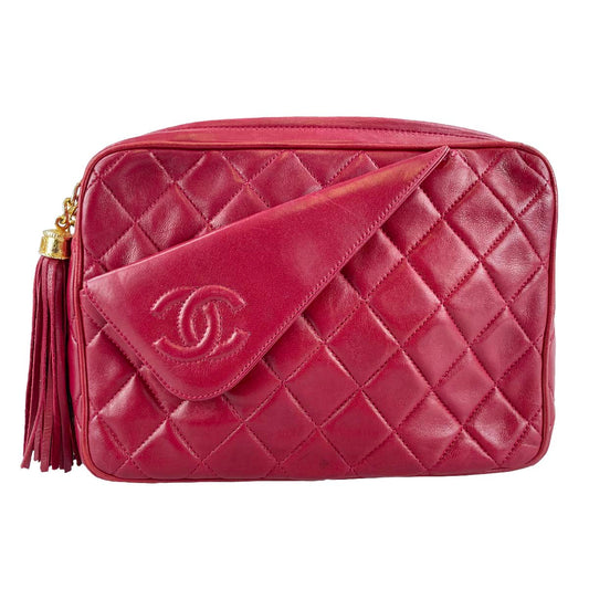 CHANEL Matelasse Fringe Lambskin Leather Fabric Red Chain Shoulder bag 69