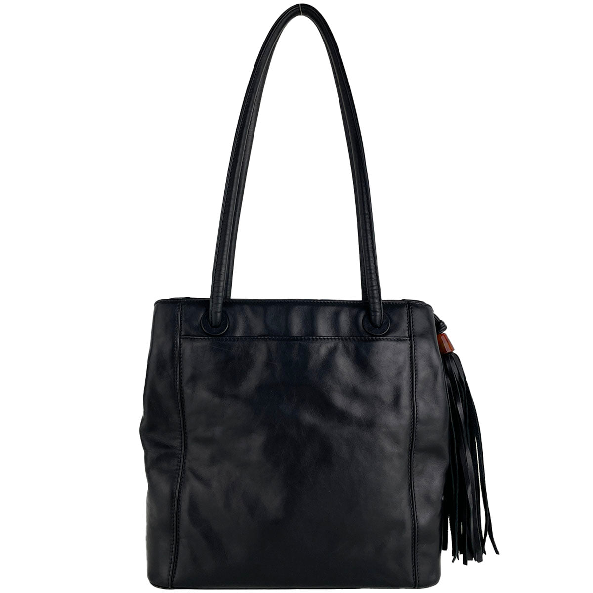 CHANEL Lambskin Leather Fabric Black Fringe Tote bag 4933
