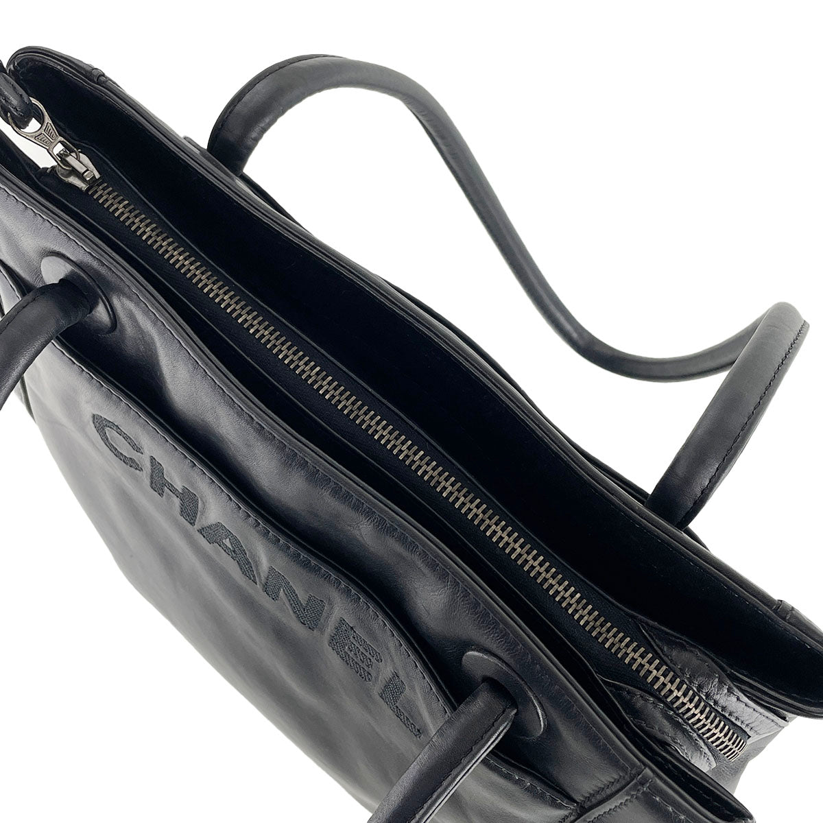 CHANEL Lambskin Leather Fabric Black Fringe Tote bag 4933
