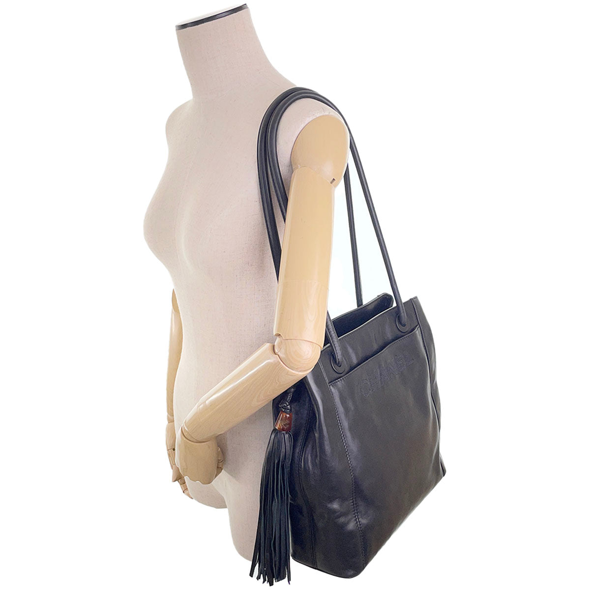 CHANEL Lambskin Leather Fabric Black Fringe Tote bag 4933