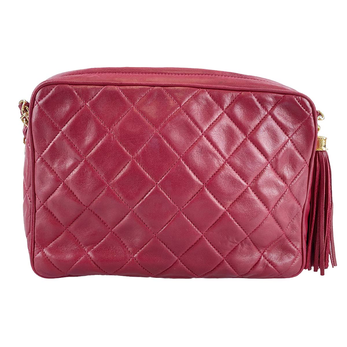 CHANEL Matelasse Fringe Lambskin Leather Fabric Red Chain Shoulder bag 69