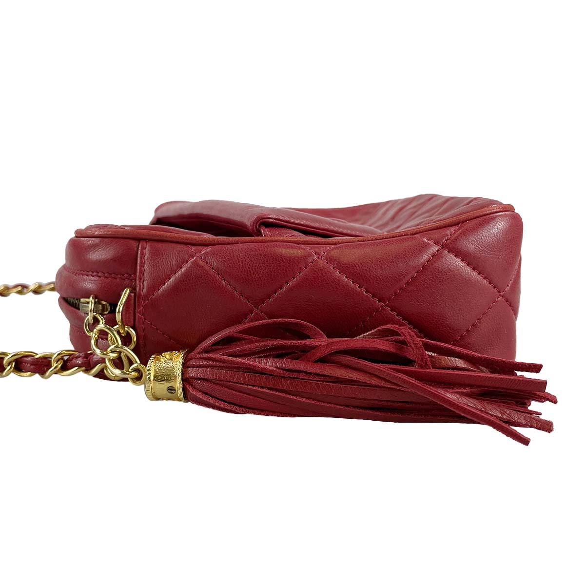 CHANEL Matelasse Fringe Lambskin Leather Fabric Red Chain Shoulder bag 69