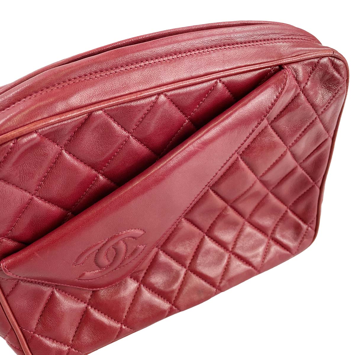 CHANEL Matelasse Fringe Lambskin Leather Fabric Red Chain Shoulder bag 69
