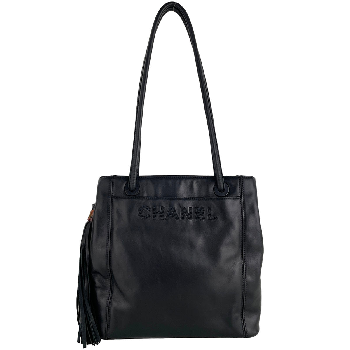 CHANEL Lambskin Leather Fabric Black Fringe Tote bag 4933
