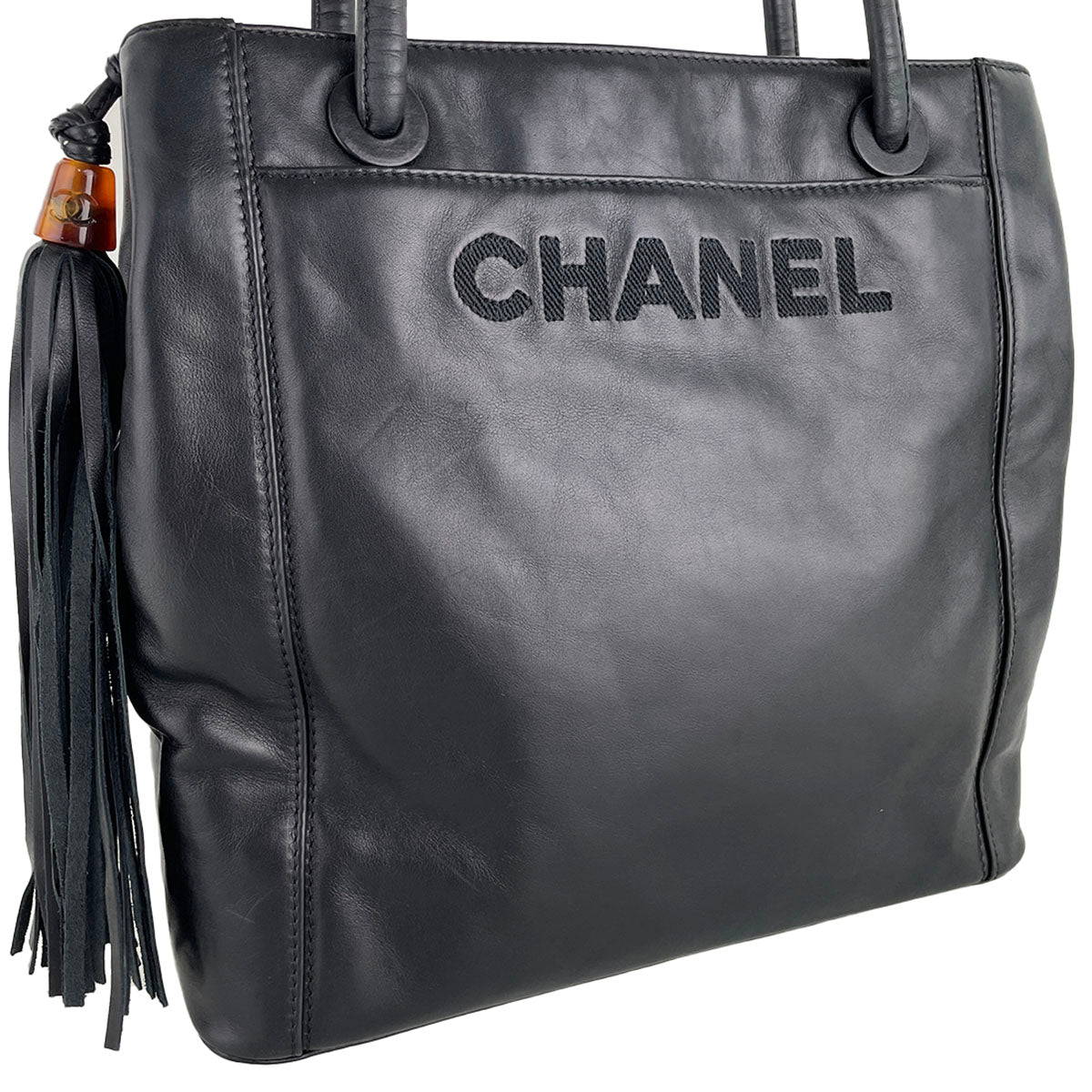 CHANEL Lambskin Leather Fabric Black Fringe Tote bag 4933