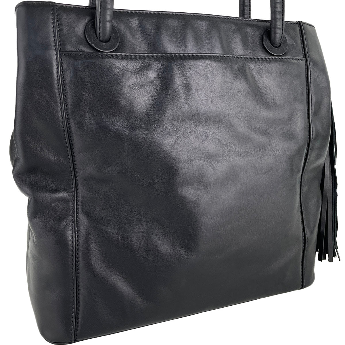 CHANEL Lambskin Leather Fabric Black Fringe Tote bag 4933