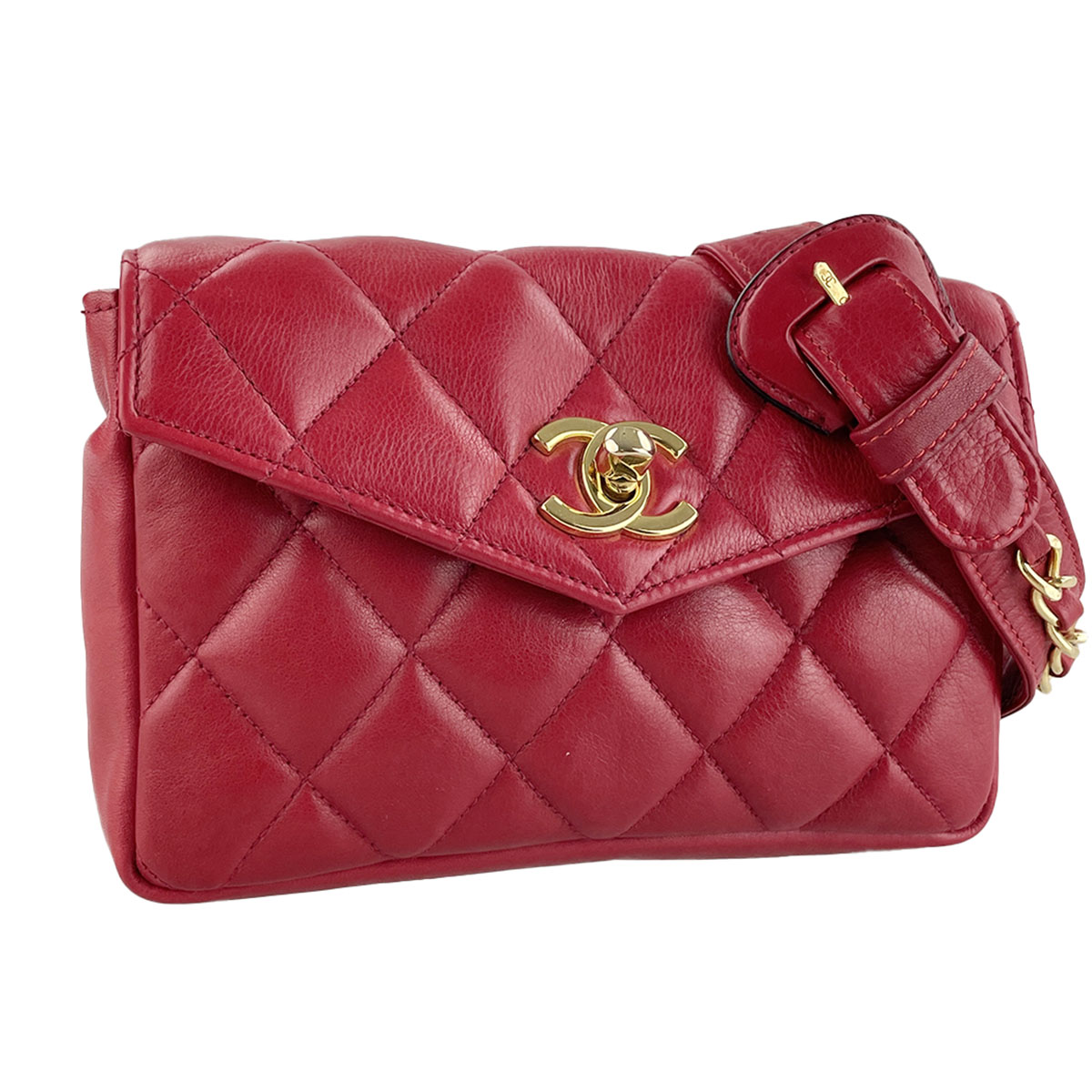 CHANEL Matelasse Lambskin Leather Red Waist bag 4921