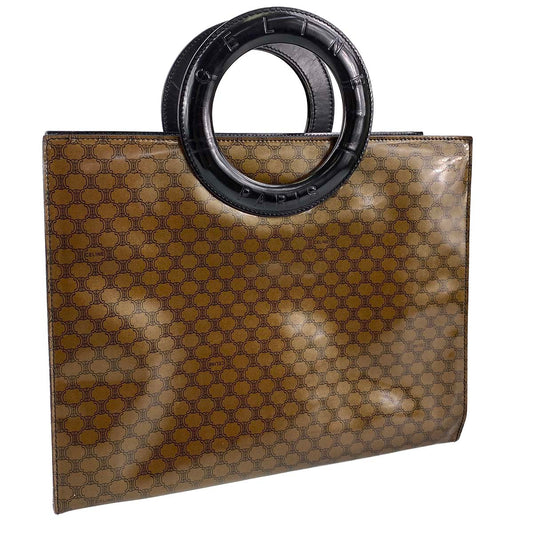 CELINE Macadam Circle PVC Fabric Brown Black Handbag 24