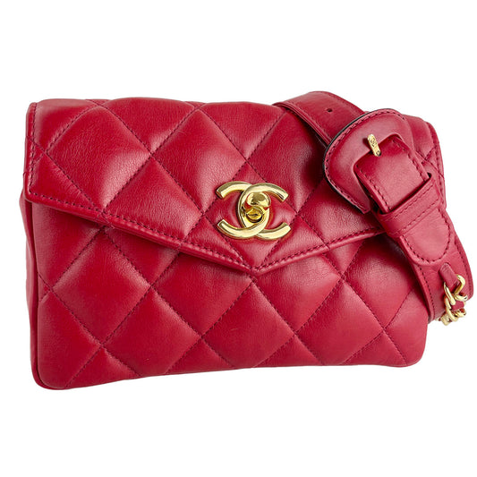 CHANEL Matelasse Lambskin Leather Red Waist bag 4856