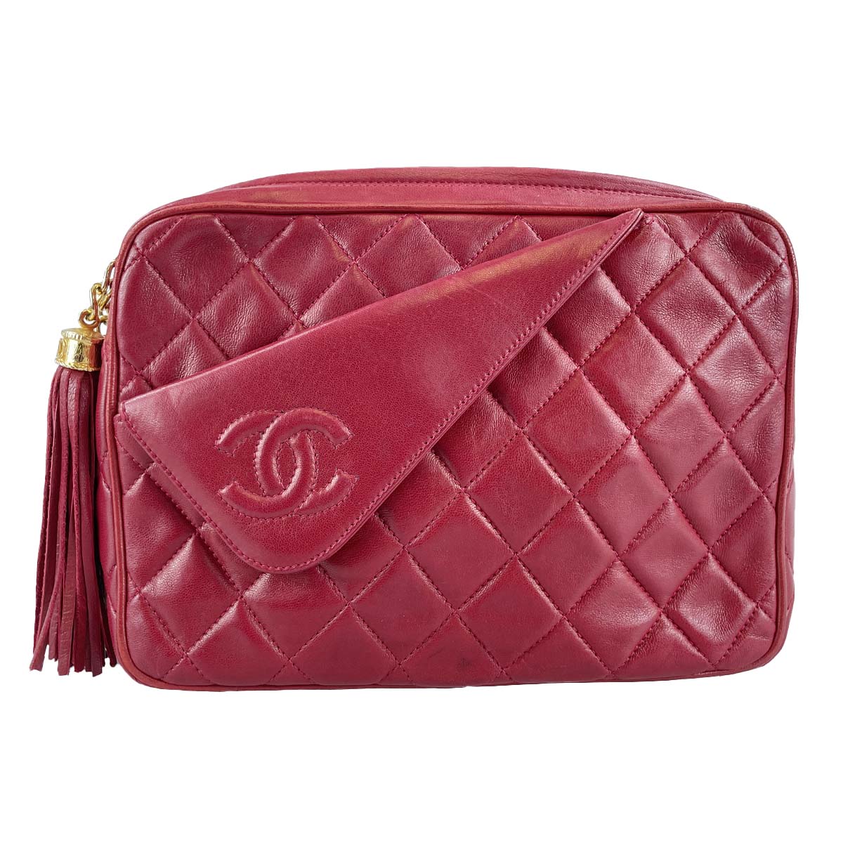 CHANEL Matelasse Fringe Lambskin Leather Fabric Red Chain Shoulder bag 69