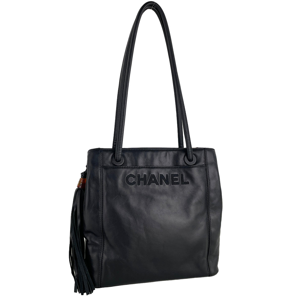 CHANEL Lambskin Leather Fabric Black Fringe Tote bag 4933