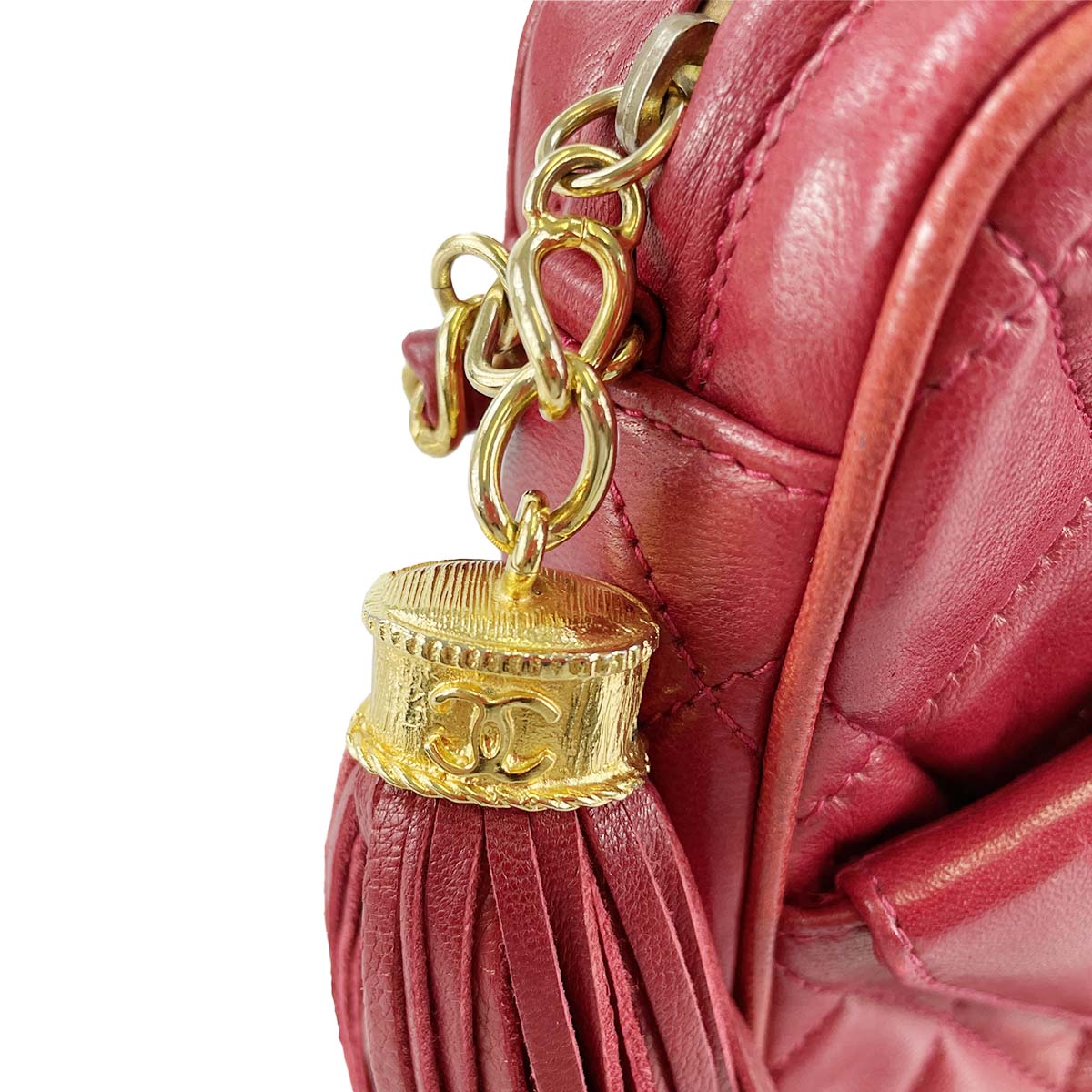 CHANEL Matelasse Fringe Lambskin Leather Fabric Red Chain Shoulder bag 69