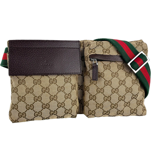 GUCCI GG Canvas Sherry Line Canvas Fabric Beige Brown Waist bag 4923